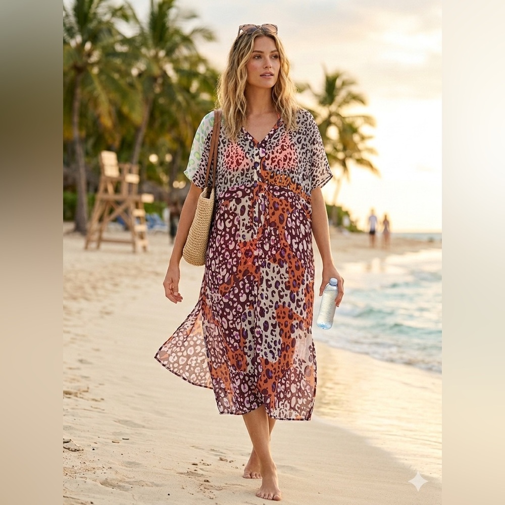 Cabi Spring Escape Sheer Animal Print Tunic Kimono Dress / Beach Coverup | Small